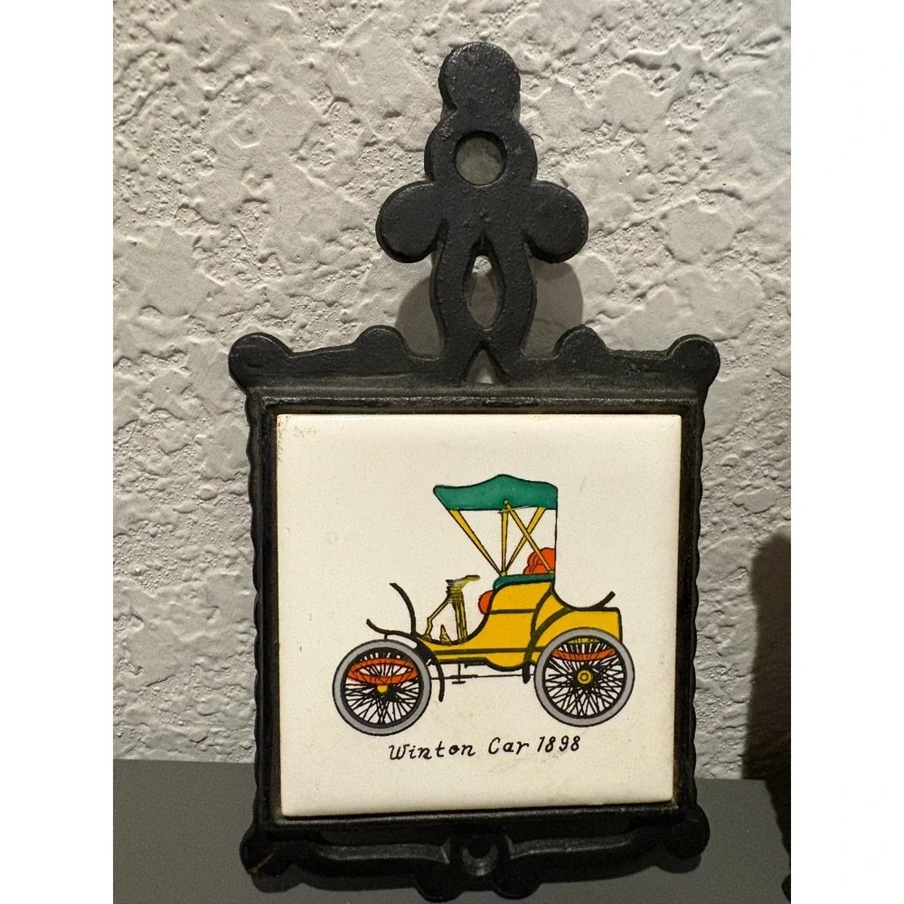 Used Vintage Cast Iron & Ceramic Tile Trivets, Set of 2